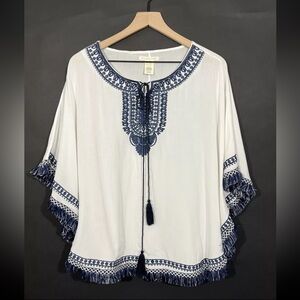 Do Everything in Love Embroidered Poncho with Fringe Blue White Tassels OS Boho